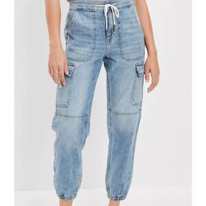American Eagle Joggers Women's 16 Blue Super High Waisted Denim Cargo Comfort